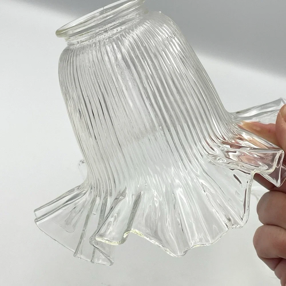 Vintage 1980s Clear Ribbed Glass Lamp Shades Ruffled Edge 2